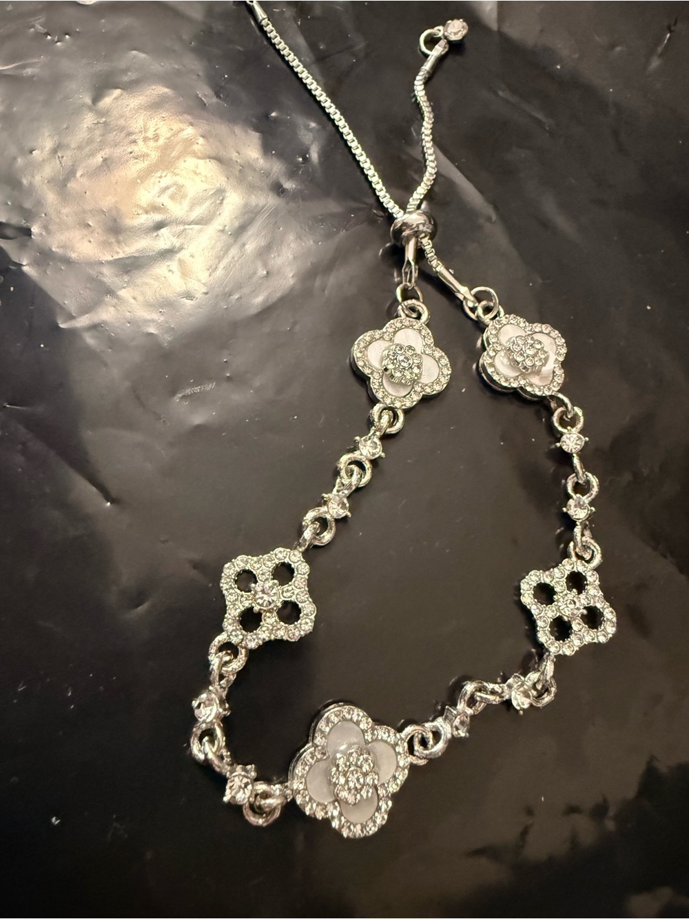 Silver Floral Crystal Adjustable Bracelet - Women Jewelry
